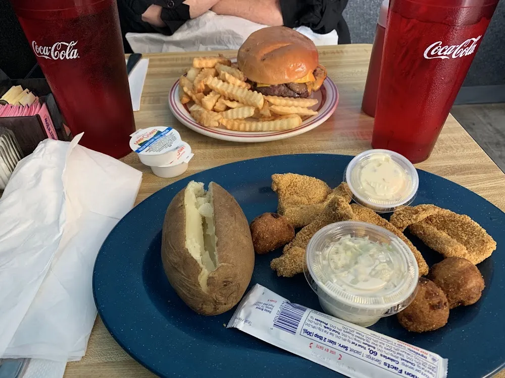 Cheeseburger and Fries and Fish Basket